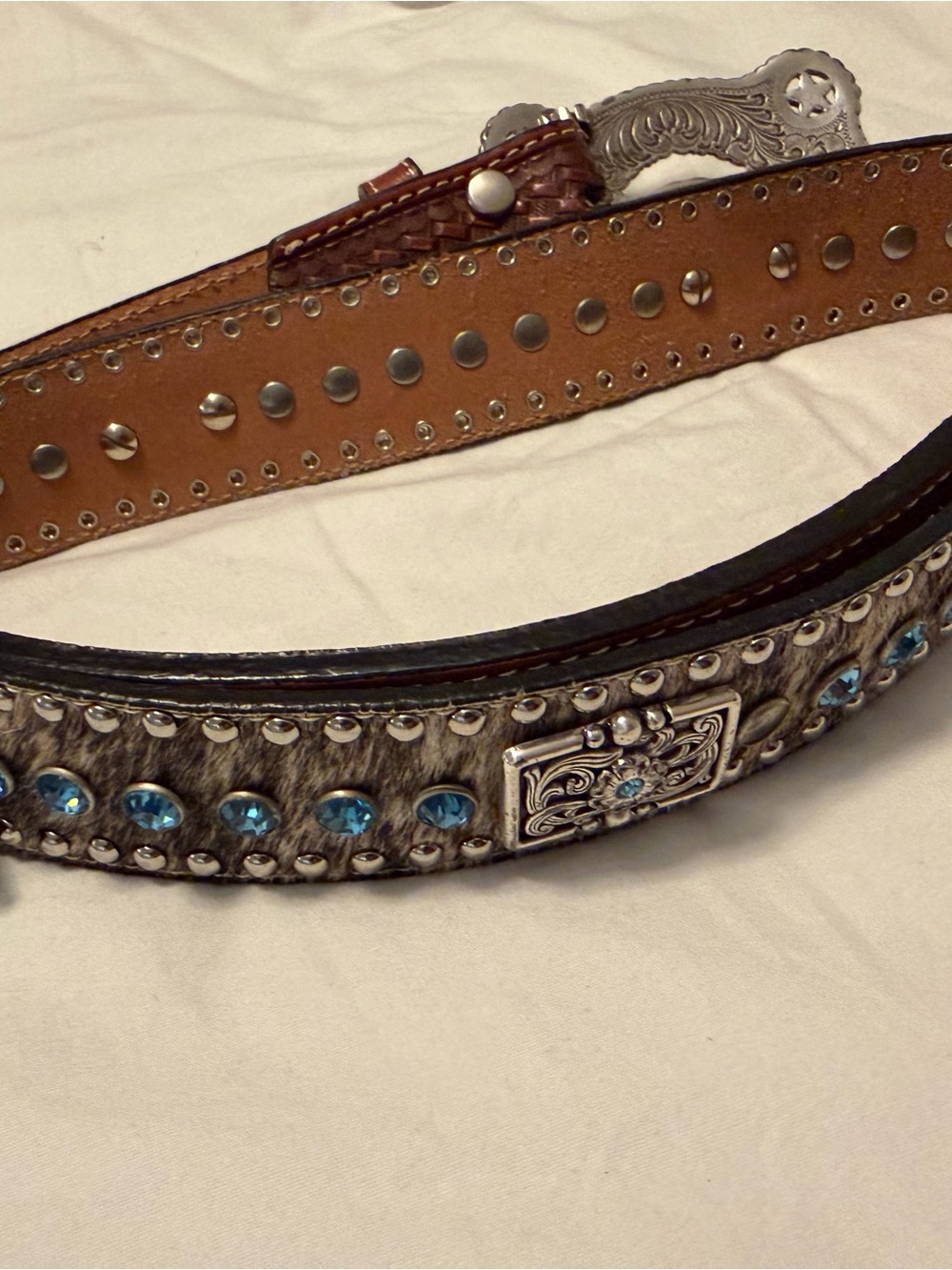 Nocona Brown Hair-On Leather Belt with Blue Crystal Accents and Silver Conchos